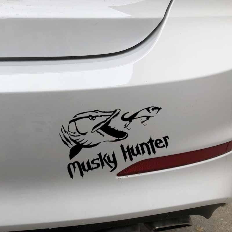 16.3CM*9.9CM Vinyl Car Stickers Fishing Musky Hunter Cartoon Fish Decal Black/Silver C24-1054