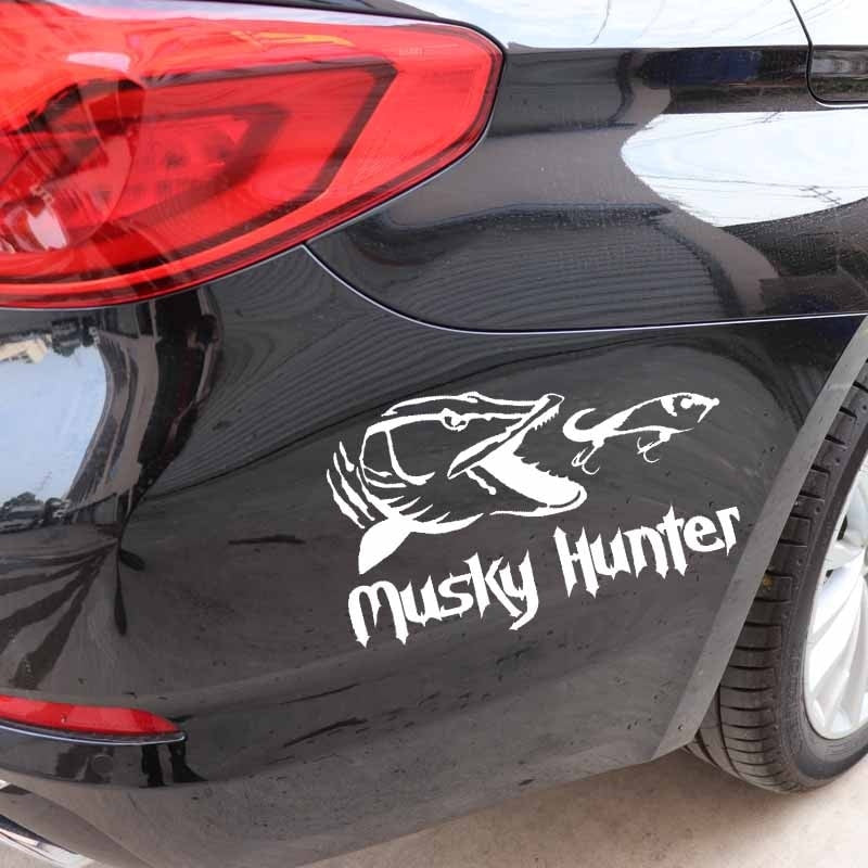 16.3CM*9.9CM Vinyl Car Stickers Fishing Musky Hunter Cartoon Fish Decal Black/Silver C24-1054