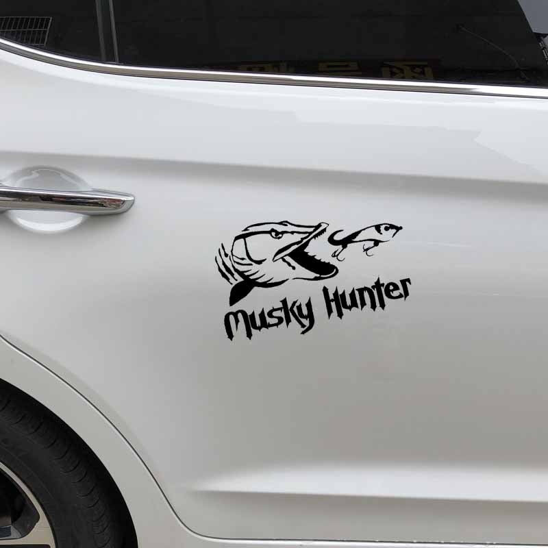 16.3CM*9.9CM Vinyl Car Stickers Fishing Musky Hunter Cartoon Fish Decal Black/Silver C24-1054