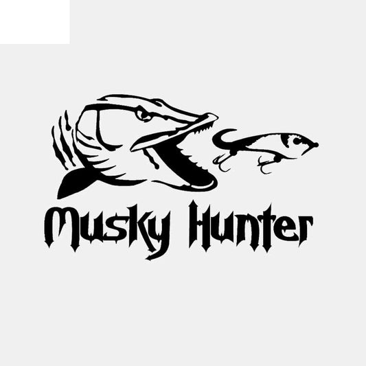 16.3CM*9.9CM Vinyl Car Stickers Fishing Musky Hunter Cartoon Fish Decal Black/Silver C24-1054
