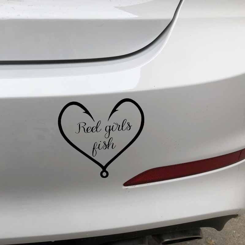 New Fashion 15.7CM*14.2CM Vinyl Decal Truck Car Sticker Hunting Fishing Reel Girls Fish Heart Black/Silver C24-0886