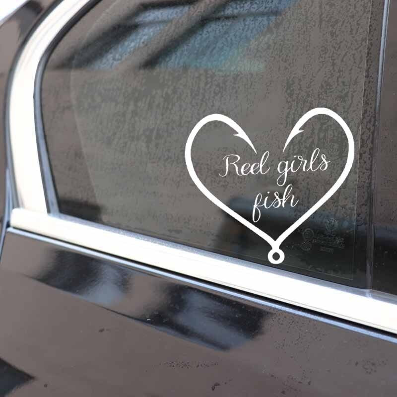 New Fashion 15.7CM*14.2CM Vinyl Decal Truck Car Sticker Hunting Fishing Reel Girls Fish Heart Black/Silver C24-0886