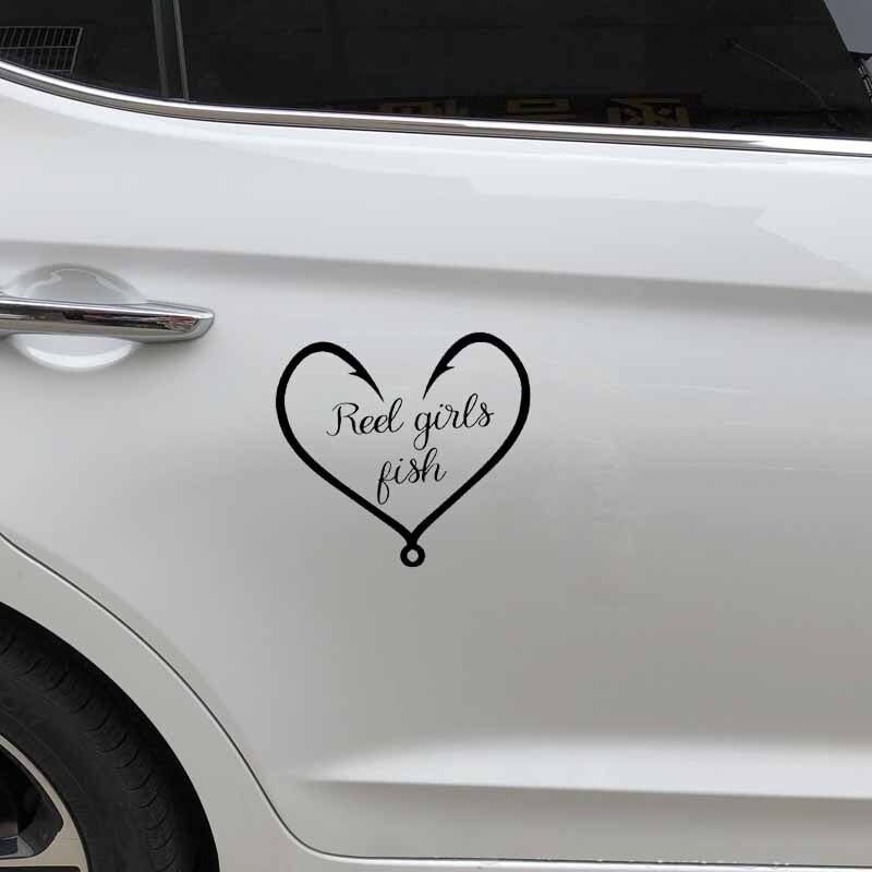 New Fashion 15.7CM*14.2CM Vinyl Decal Truck Car Sticker Hunting Fishing Reel Girls Fish Heart Black/Silver C24-0886