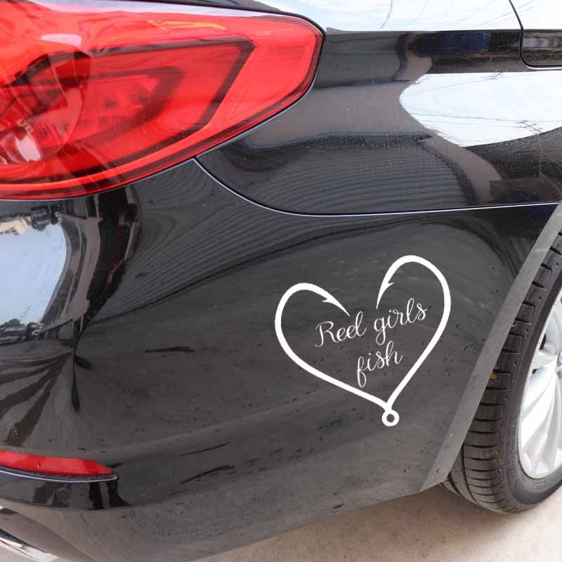 New Fashion 15.7CM*14.2CM Vinyl Decal Truck Car Sticker Hunting Fishing Reel Girls Fish Heart Black/Silver C24-0886