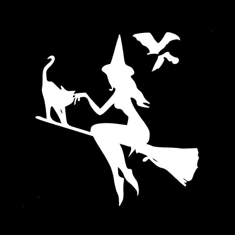 New Hot 13.9CM*14.9CM Witch On Broomstick With Cat & Bats Car Sticker Vinyl Decal Black Silver C10-02420