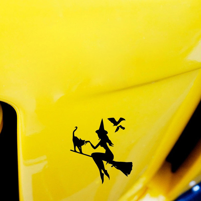 New Hot 13.9CM*14.9CM Witch On Broomstick With Cat & Bats Car Sticker Vinyl Decal Black Silver C10-02420