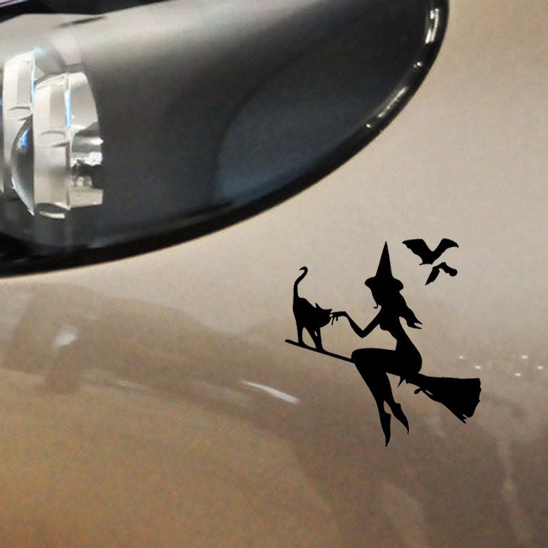 New Hot 13.9CM*14.9CM Witch On Broomstick With Cat & Bats Car Sticker Vinyl Decal Black Silver C10-02420