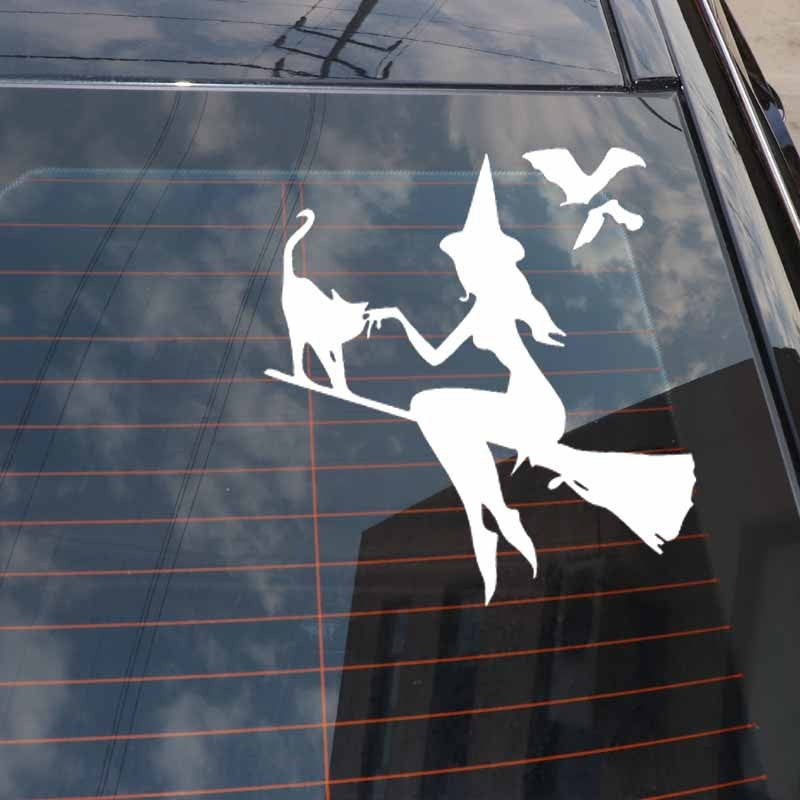 New Hot 13.9CM*14.9CM Witch On Broomstick With Cat & Bats Car Sticker Vinyl Decal Black Silver C10-02420