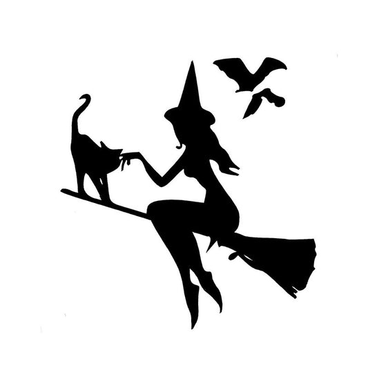 New Hot 13.9CM*14.9CM Witch On Broomstick With Cat & Bats Car Sticker Vinyl Decal Black Silver C10-02420