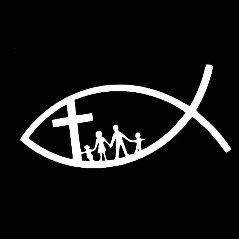 Fashion 14cm*6.8cm Funny CHRISTIAN FISH JESUS FAMILY CROSS CHURCH  Vinyl Car Sticker Decals Black Silver C11-0147