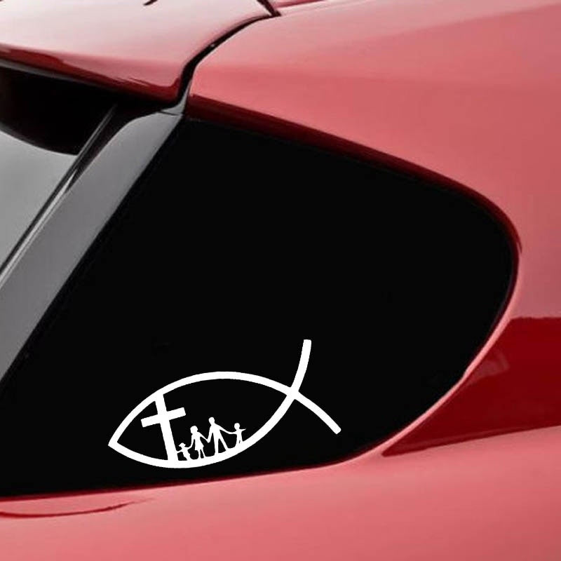 Fashion 14cm*6.8cm Funny CHRISTIAN FISH JESUS FAMILY CROSS CHURCH  Vinyl Car Sticker Decals Black Silver C11-0147