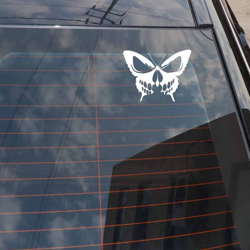 New Fashion 14.5CM*11.1CM Butterfly Skull Vinyl Decal Car Sticker Die Cut  Hearse Horror Rock  Black/Silver C24-0045