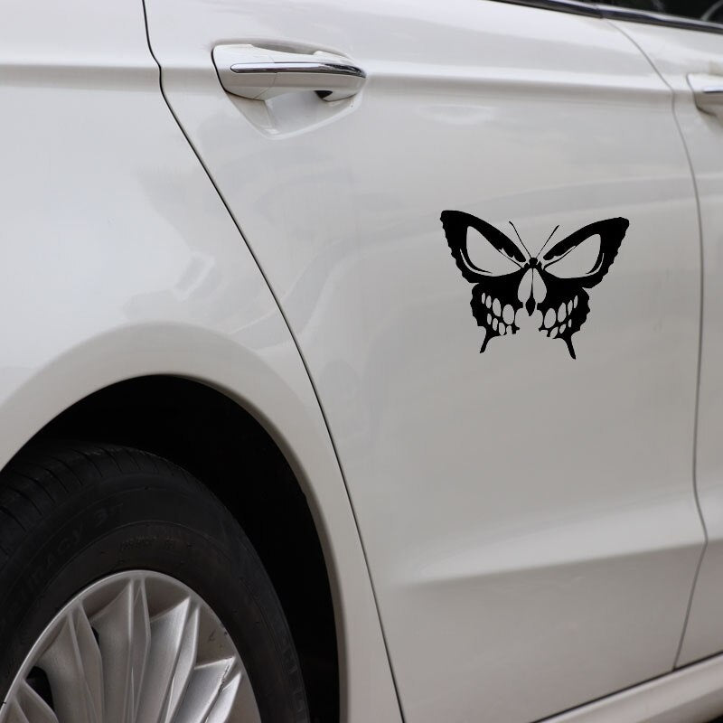 New Fashion 14.5CM*11.1CM Butterfly Skull Vinyl Decal Car Sticker Die Cut  Hearse Horror Rock  Black/Silver C24-0045