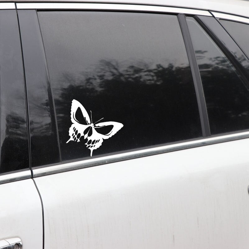 New Fashion 14.5CM*11.1CM Butterfly Skull Vinyl Decal Car Sticker Die Cut  Hearse Horror Rock  Black/Silver C24-0045