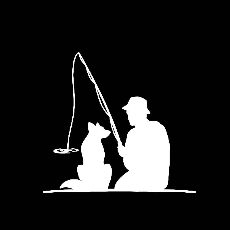 16.9cm*15.6cm Fisherman With Dog Pet FISHING Fun Vinyl High-quality Decor Decals Car Sticker Black Silver C11-0177