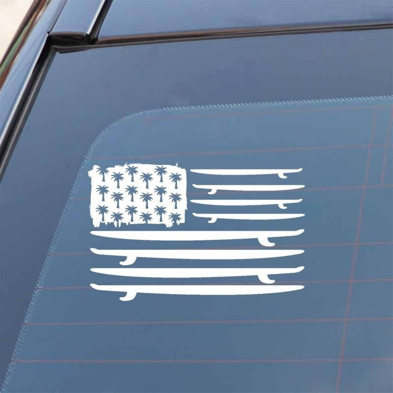 Fashion 17.1CM*10.9CM Surfing Surfboard Flag Palms Ocean Surf  Car Stickers Vinyl Decal Bumper Decor Black/Silver Wonderfu C31-0111