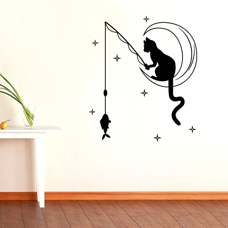 New Hot 51.4CM*60CM Funny Cat Fishing Stars Art Decals Home Room Wall Stickers Decoration W3-514