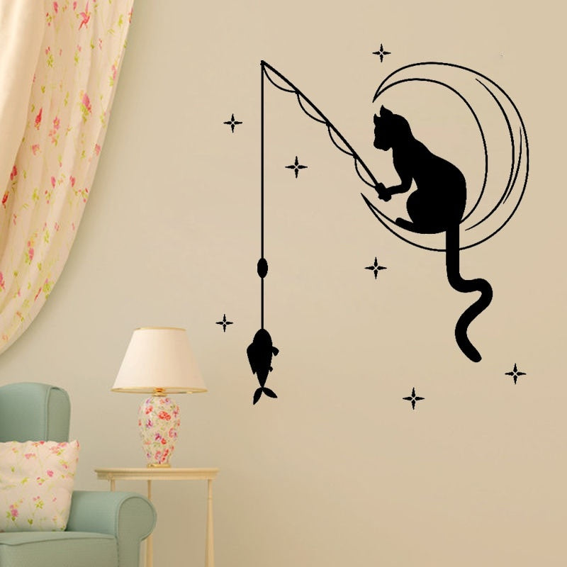 New Hot 51.4CM*60CM Funny Cat Fishing Stars Art Decals Home Room Wall Stickers Decoration W3-514
