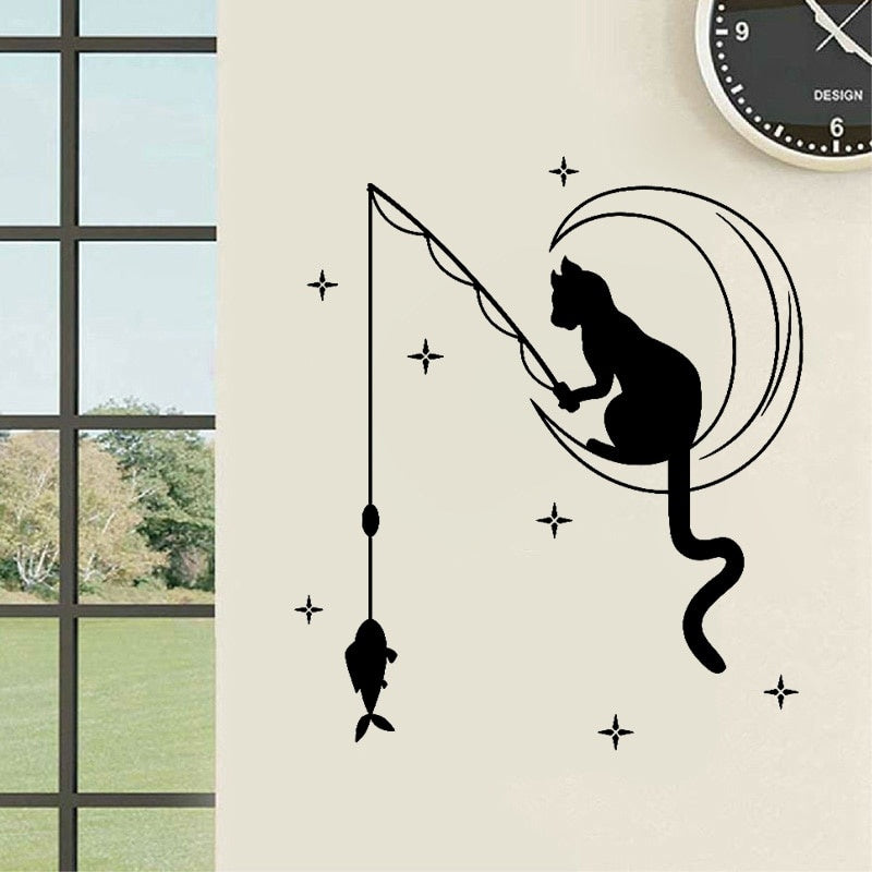 New Hot 51.4CM*60CM Funny Cat Fishing Stars Art Decals Home Room Wall Stickers Decoration W3-514