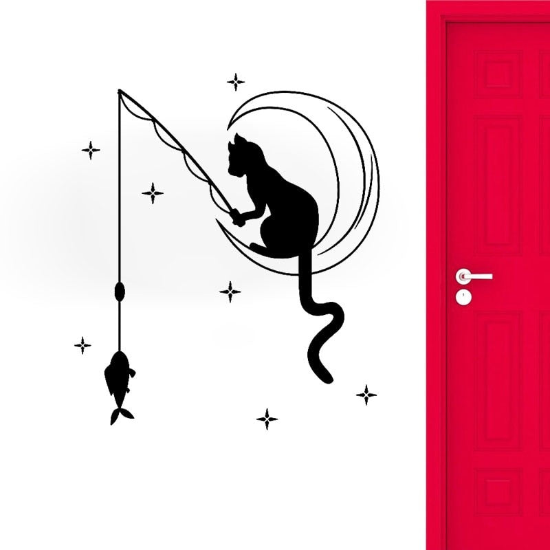 New Hot 51.4CM*60CM Funny Cat Fishing Stars Art Decals Home Room Wall Stickers Decoration W3-514