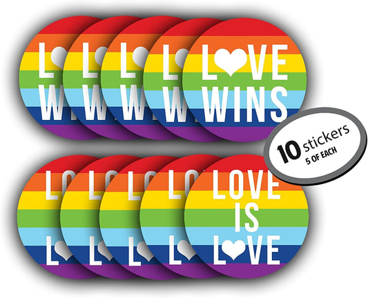 Gay Lesbian Marriage Sticker - 10 Pack (5 Love Wins & 5 Love is Love). LARGE 5 inches. Use on car bumper, computer