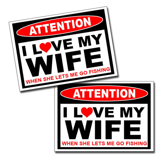 2Pcs I LOVE my Wife - Fishing Fish Sticker Husband Man Car Truck Bumper Window Decal
