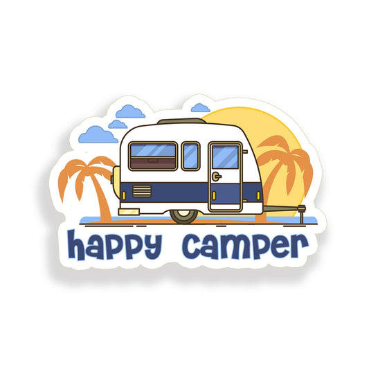 Happy Camper Sticker Palm tree Ocean beach RV Car Vehicle Window Bumper Decal