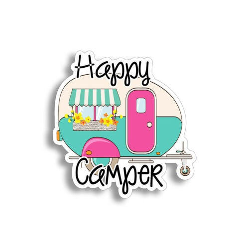 3" Happy Camper Sticker RV Trailer Cup Cooler Laptop Camp Box Phone Window Decal