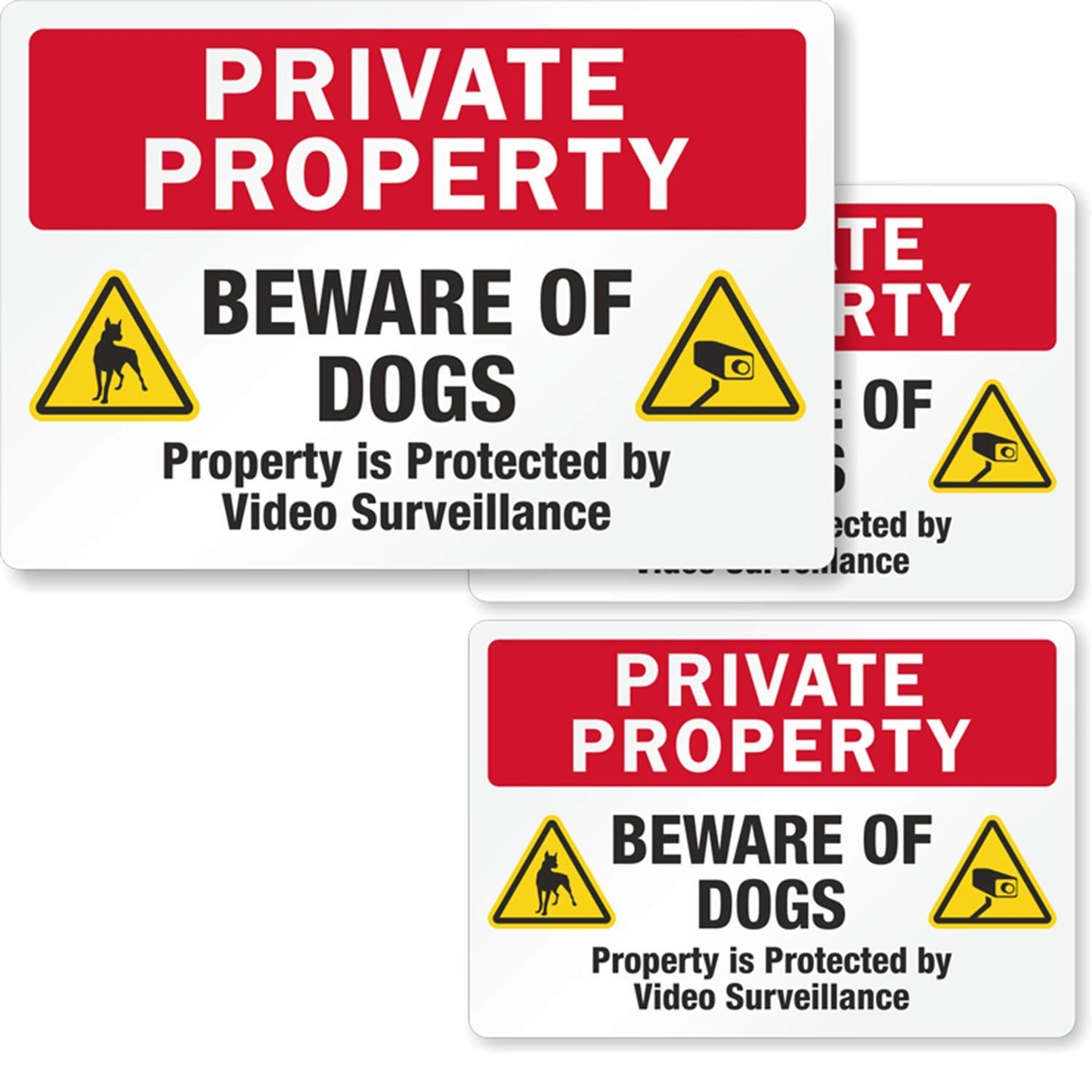 Two 2.75"x4" & One 3.75"x5.5" Pack of 3 Beware of Dogs Protected by Video Surveillance Decals Sticker