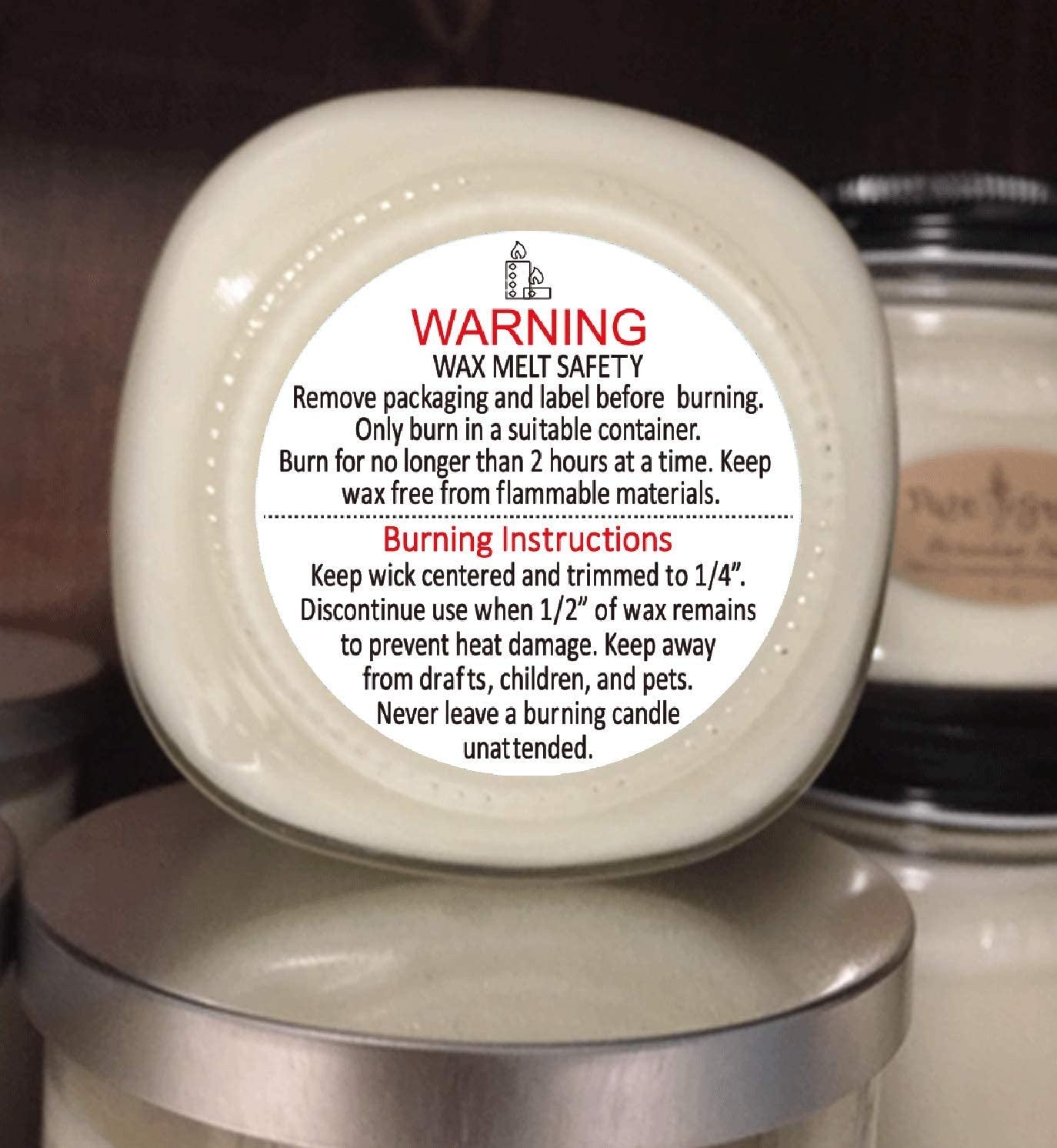 2" Candle Warning Labels for Soy Waterproof Candle Jar Container Stickers - Wax Melting Safety Stickers 10 Labels Per Roll for Candle Jars,Tins and Votives