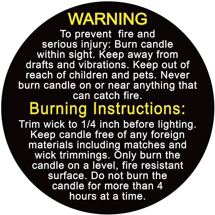1.5" Round Black Label Candle Warning Stickers, 10 Pcs Candle Jar Container Labels, Waterproof Safety Stickers Great for Container Candles, Candle Jars, Yellow and White Text.