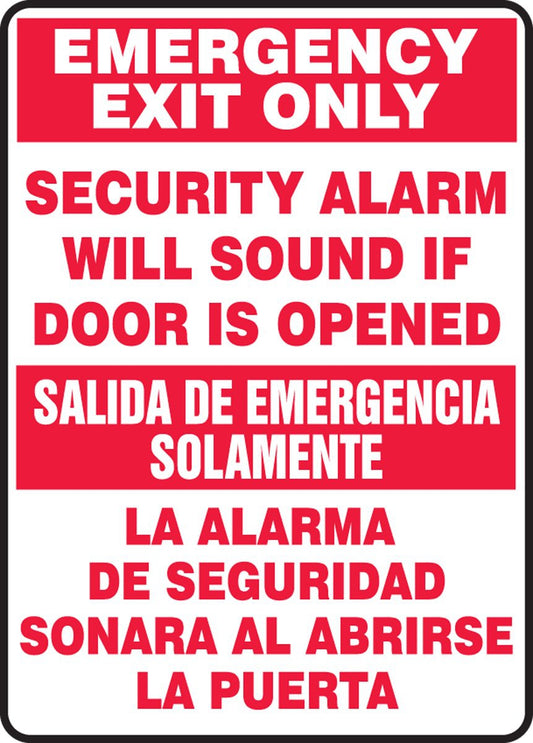 14"x10" Spanish Bilingual Sign Sticker, Legend "EMERGENCY EXIT ONLY SECURITY ALARM WILL SOUND IF DOOR IS OPENED/SALIDA DE EMERGENCIA SOLAMENTE LA ALARMA DE SEGURIDAD SONARA AL ABRIRSE LA PUERTA",  Red on White