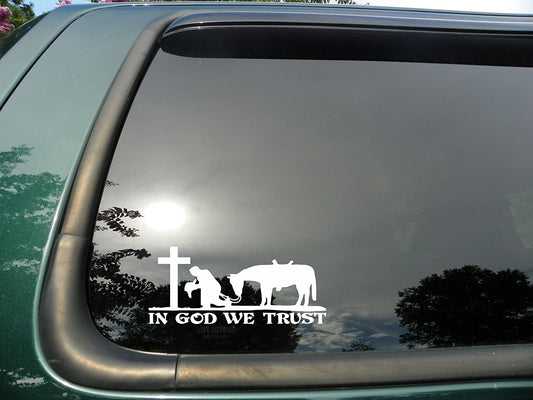 Cowboy Praying with Cross - Die Cut Christian Vinyl Window Decal/sticker for Car or Truck 3.5"x8"