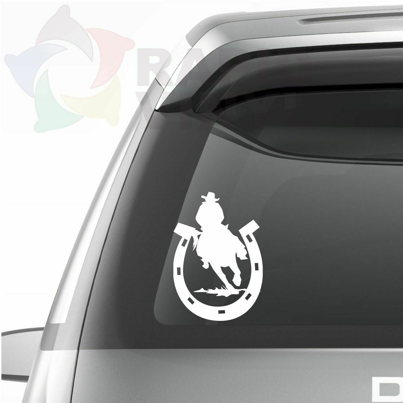 4”(W)x5” (H) COWBOY RIDING A HORSE SHOE Car Truck Boat RV Decal Window Sticker Window Decal