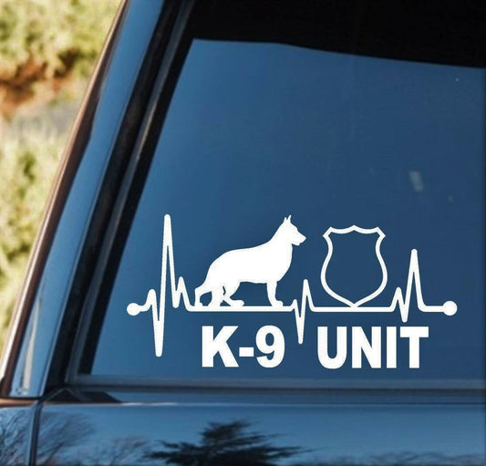 8"x3.75" K9 K-9 Unit German Shepherd Heartbeat Dog Decal Sticker SAR Drug Law Badge