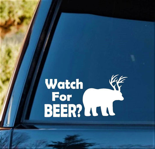 7.5"x3.8" Watch For BEER Bear Deer Hunting Rack Decal Sticker Laptop Boat Trailer