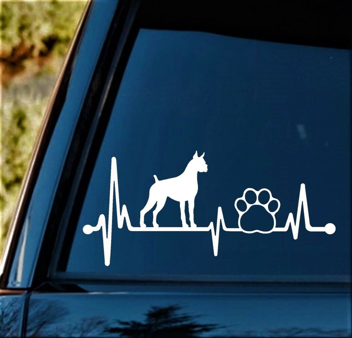 8"x3 .5" Boxer Heartbeat Lifeline Dog Paw Decal Sticker for Car Window
