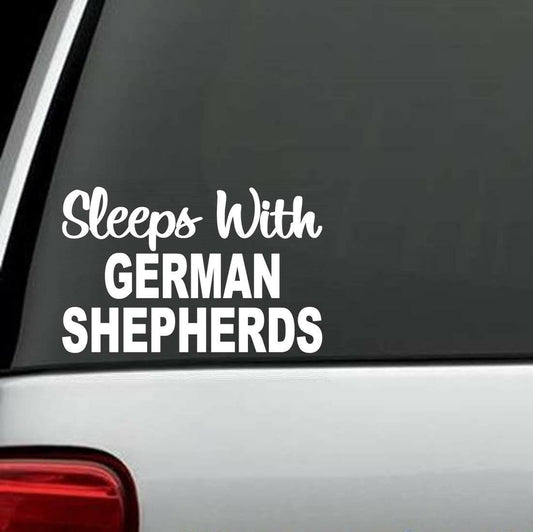 6"x4" SLEEPS WITH GERMAN SHEPHERDS Decal Sticker for Car Truck SUV