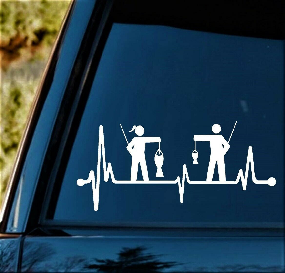 8"x3.5" Girl Guy Fishing Heartbeat Lifeline Decal Sticker Rod Reel Lure Tackle Box