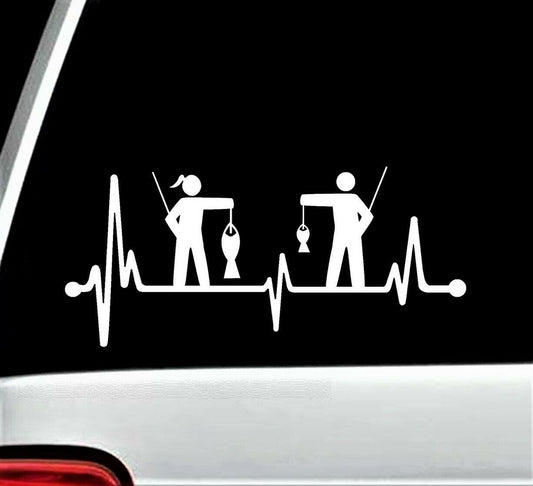 8"x3.5" Girl Guy Fishing Heartbeat Lifeline Decal Sticker Rod Reel Lure Tackle Box