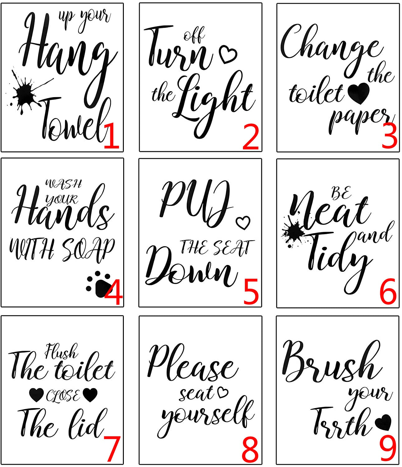 8"x10" No Frame Bathroom Quotes and Sayings Art Prints Bathroom Wall Art Decor Toilet Quotes Rules Signs Black and White Funny Home Wall Pictures Bathroom Toilet Decor