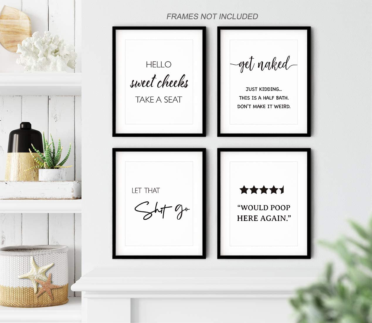Funny Bathroom Quotes Wall Art Poster Prints, Humor Bathroom Wall Art Decor, 8 x 10 Inch Set of 4 Prints, Unframed