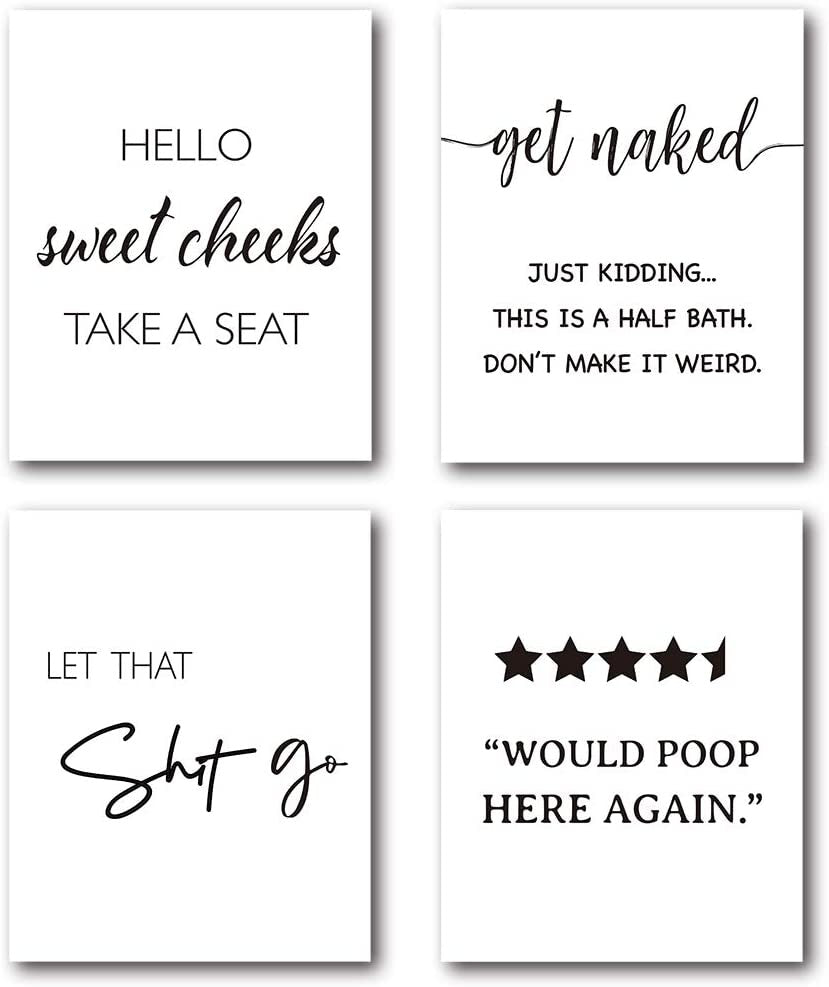Funny Bathroom Quotes Wall Art Poster Prints, Humor Bathroom Wall Art Decor, 8 x 10 Inch Set of 4 Prints, Unframed