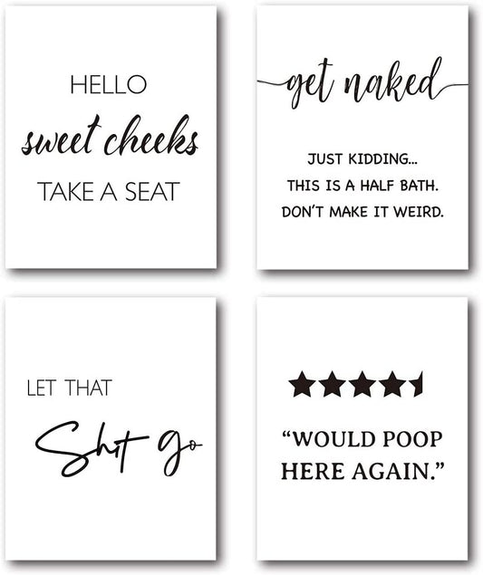 Funny Bathroom Quotes Wall Art Poster Prints, Humor Bathroom Wall Art Decor, 8 x 10 Inch Set of 4 Prints, Unframed