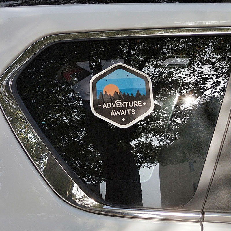 12.6CM*13.7CM Adventure Awaits Sunset Camping Travel Decal PVC Motorcycle Car Sticker