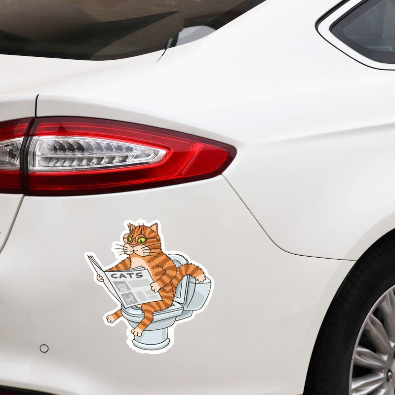 14.2CM*14.6CM  Cat On The Toilet Wearing Glasses Reading A Newspaper PVC Car Sticker