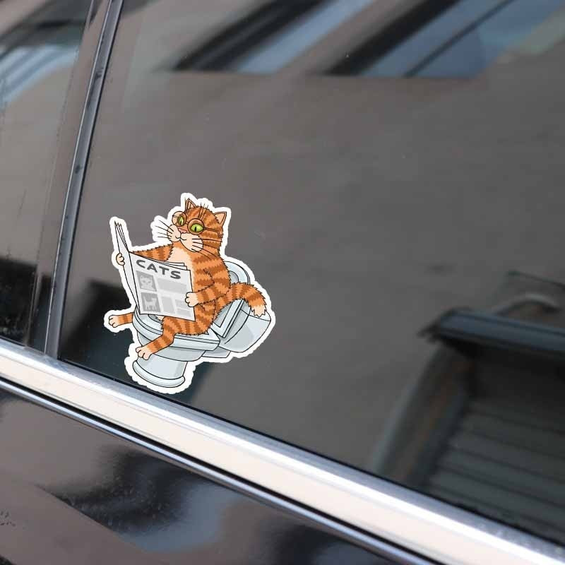 14.2CM*14.6CM  Cat On The Toilet Wearing Glasses Reading A Newspaper PVC Car Sticker