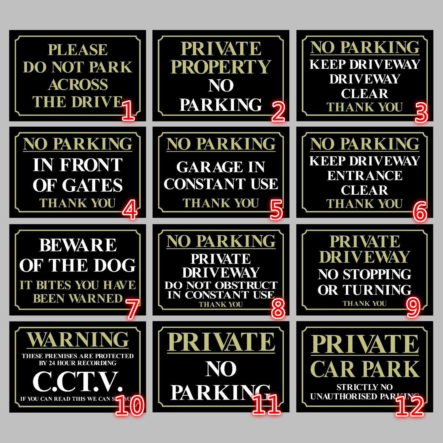 12 Styles No Parking, Driveway, CCTV, Beware of Dog, Gates, Garage, Car Park, Private Sticker Vinyl Decal