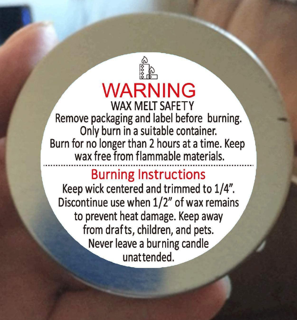 2" Candle Warning Labels for Soy Waterproof Candle Jar Container Stickers - Wax Melting Safety Stickers 10 Labels Per Roll for Candle Jars,Tins and Votives