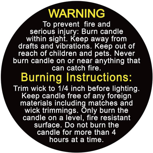 1.5" Round Black Label Candle Warning Stickers, 10 Pcs Candle Jar Container Labels, Waterproof Safety Stickers Great for Container Candles, Candle Jars, Yellow and White Text.